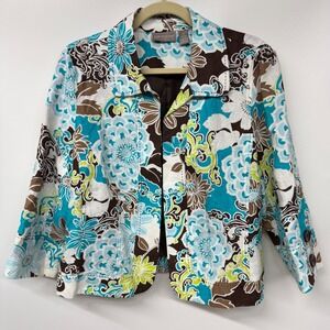 Kim Rogers Floral Linen Blend Jacket Blazer 16 Petite Chocolate Brown Spring 3/4